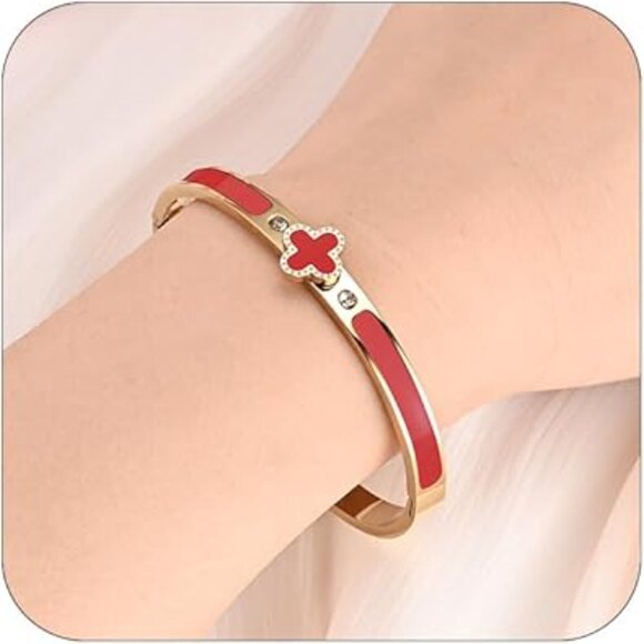 Neiman Marcus Ruby Red 18K Gold Plated Clover Clic Clac Bracelet - Picture 3 of 4